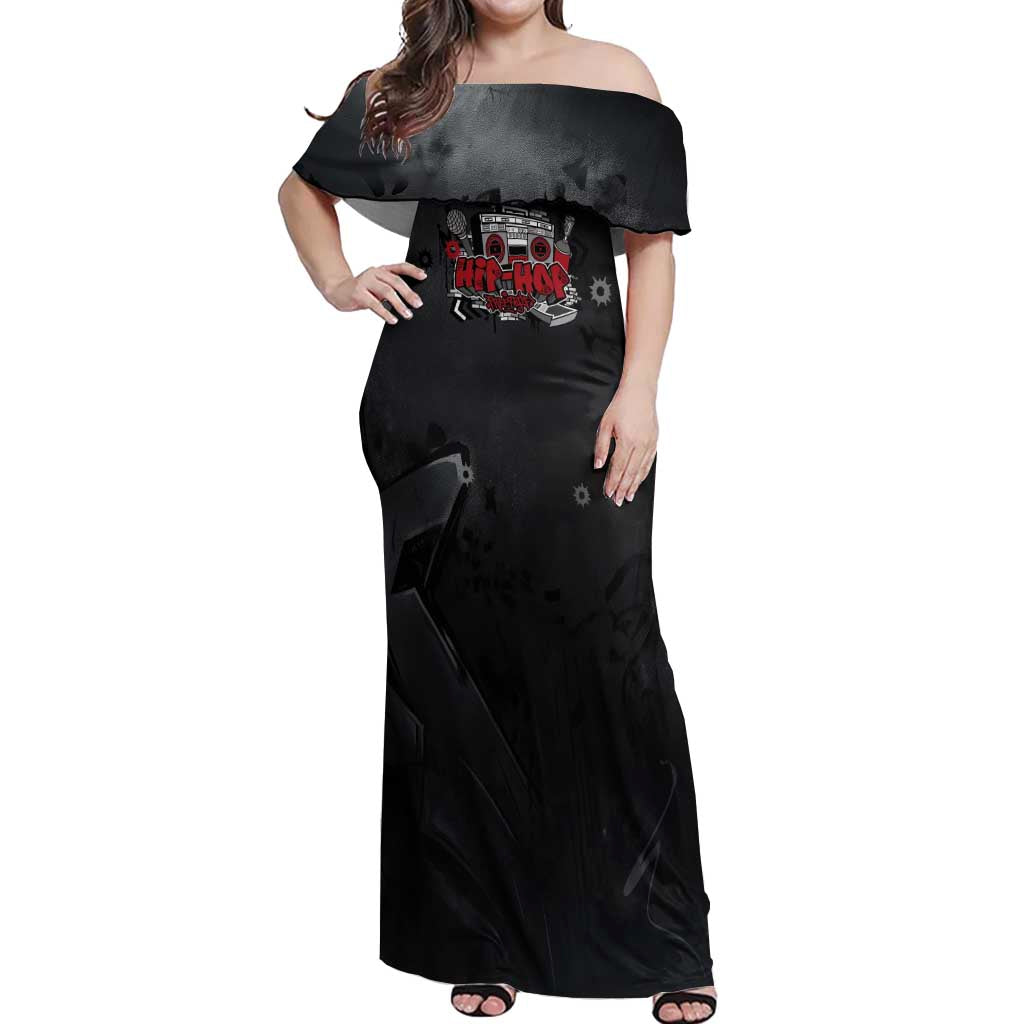 Hip Hop Streetwear Off Shoulder Maxi Dress with Graffiti Boombox and Angel Bear Graphic in Urban Bullet Hole Design - Wonder Print Shop