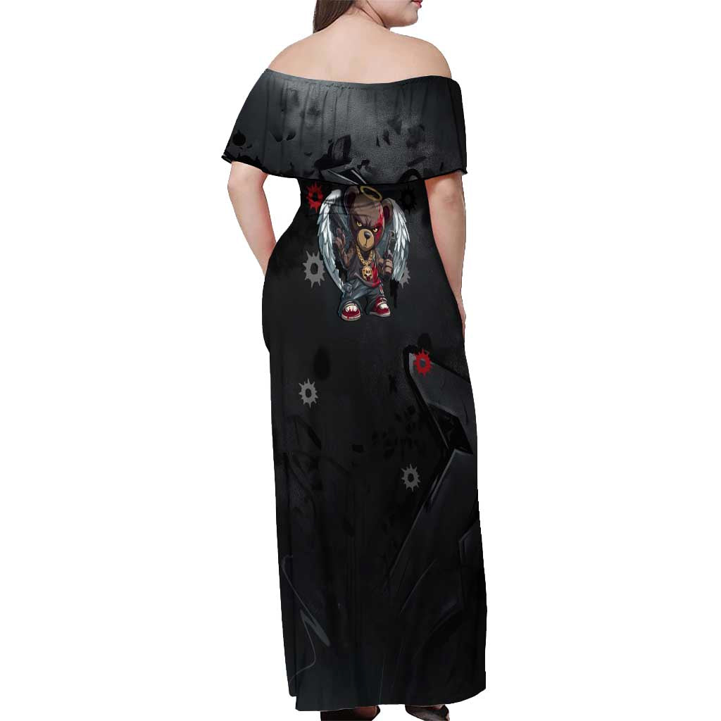 Hip Hop Streetwear Off Shoulder Maxi Dress with Graffiti Boombox and Angel Bear Graphic in Urban Bullet Hole Design - Wonder Print Shop