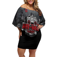 Hip Hop Streetwear Off Shoulder Short Dress with Graffiti Boombox and Angel Bear Graphic in Urban Bullet Hole Design - Wonder Print Shop