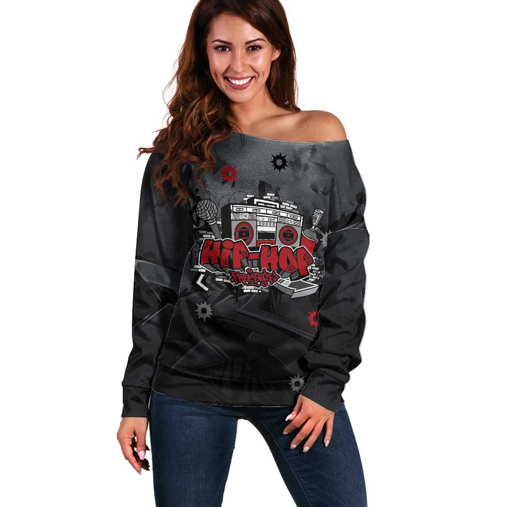 Hip Hop Streetwear Off Shoulder Sweater with Graffiti Boombox and Angel Bear Graphic in Urban Bullet Hole Design - Wonder Print Shop