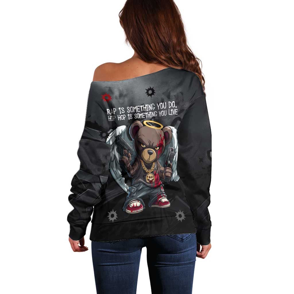 Hip Hop Streetwear Off Shoulder Sweater with Graffiti Boombox and Angel Bear Graphic in Urban Bullet Hole Design - Wonder Print Shop