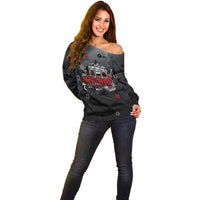 Hip Hop Streetwear Off Shoulder Sweater with Graffiti Boombox and Angel Bear Graphic in Urban Bullet Hole Design - Wonder Print Shop