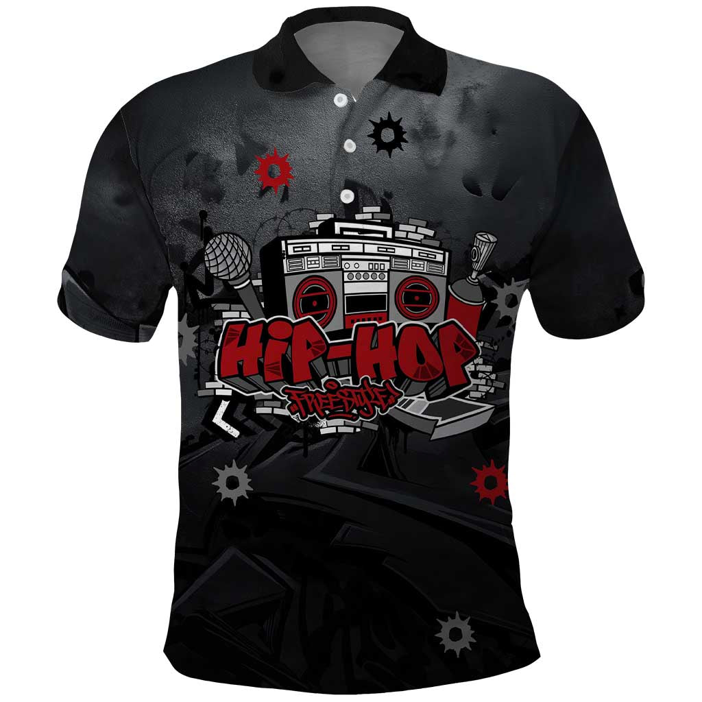 Hip Hop Streetwear Polo Shirt with Graffiti Boombox and Angel Bear Graphic in Urban Bullet Hole Design - Wonder Print Shop