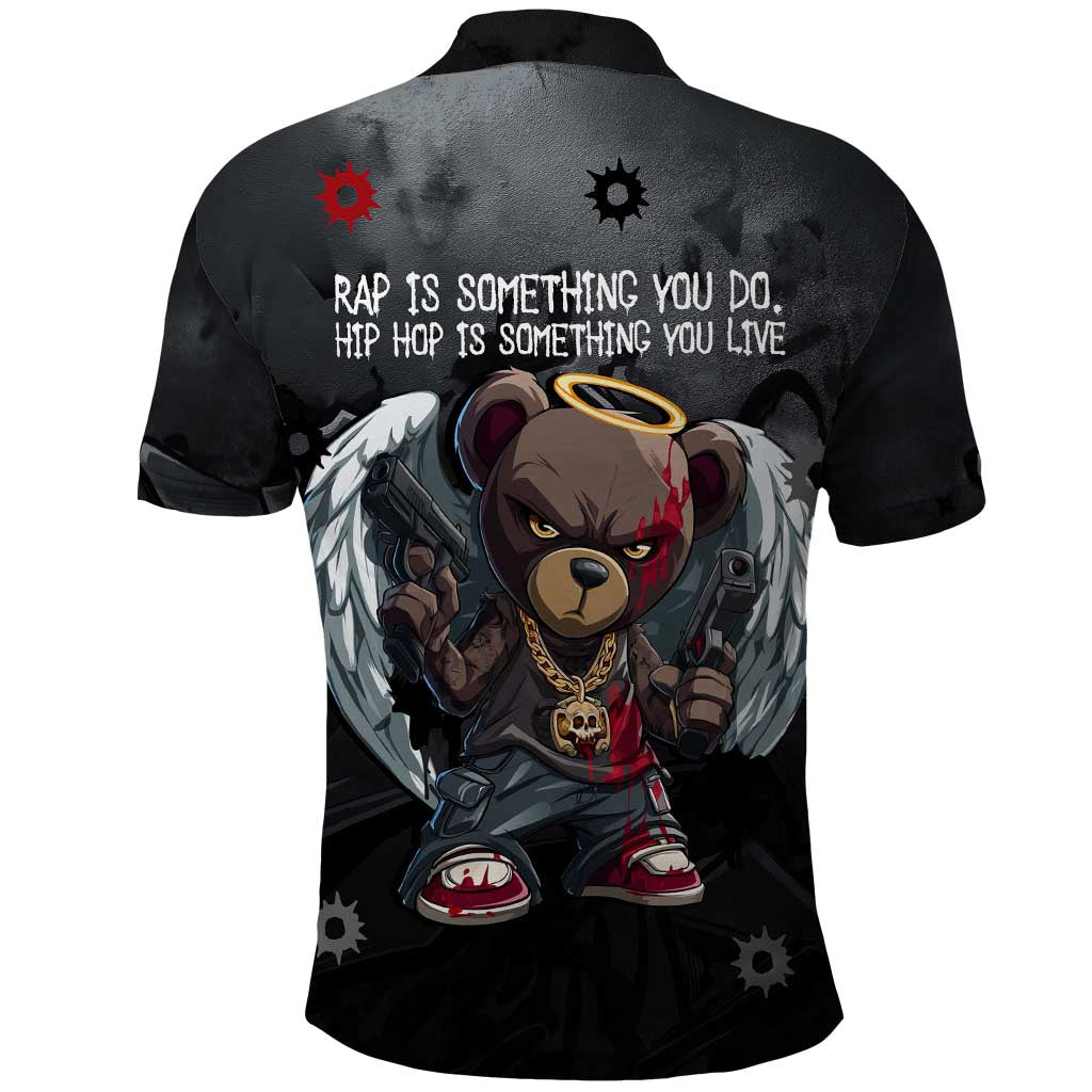 Hip Hop Streetwear Polo Shirt with Graffiti Boombox and Angel Bear Graphic in Urban Bullet Hole Design - Wonder Print Shop