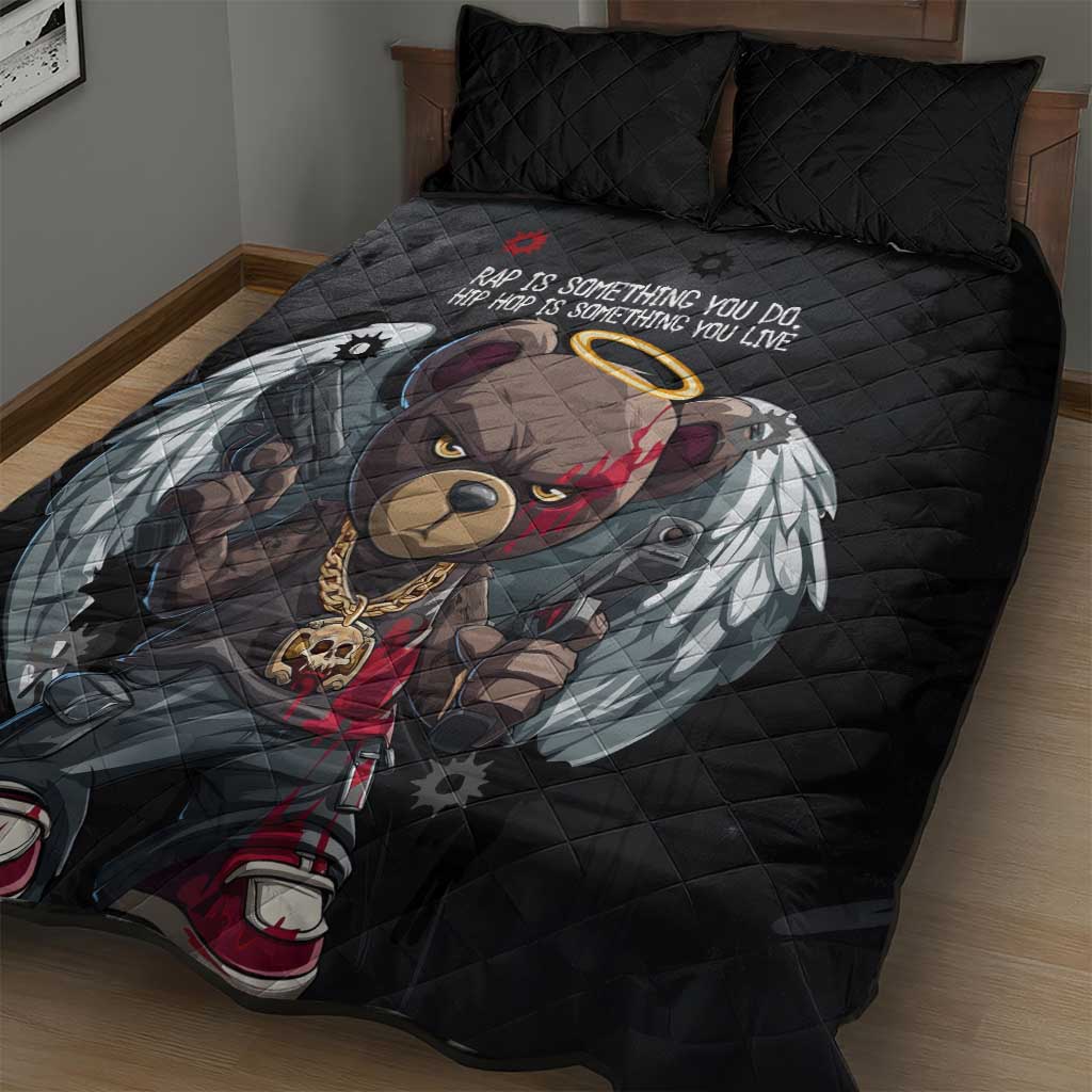 Hip Hop Streetwear Quilt Bed Set with Graffiti Boombox and Angel Bear Graphic in Urban Bullet Hole Design - Wonder Print Shop