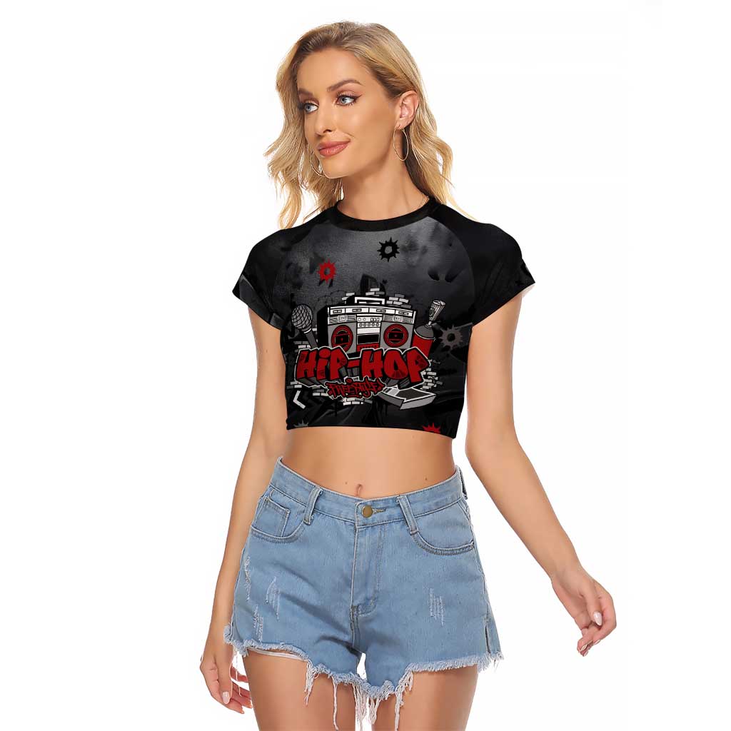 Hip Hop Streetwear Raglan Cropped T Shirt with Graffiti Boombox and Angel Bear Graphic in Urban Bullet Hole Design - Wonder Print Shop