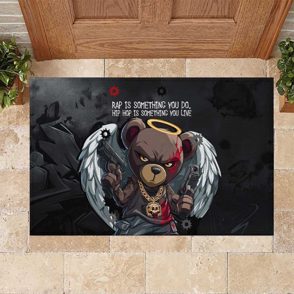 Hip Hop Streetwear Rubber Doormat with Graffiti Boombox and Angel Bear Graphic in Urban Bullet Hole Design - Wonder Print Shop