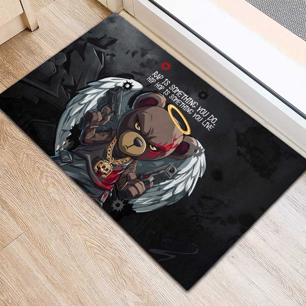 Hip Hop Streetwear Rubber Doormat with Graffiti Boombox and Angel Bear Graphic in Urban Bullet Hole Design - Wonder Print Shop