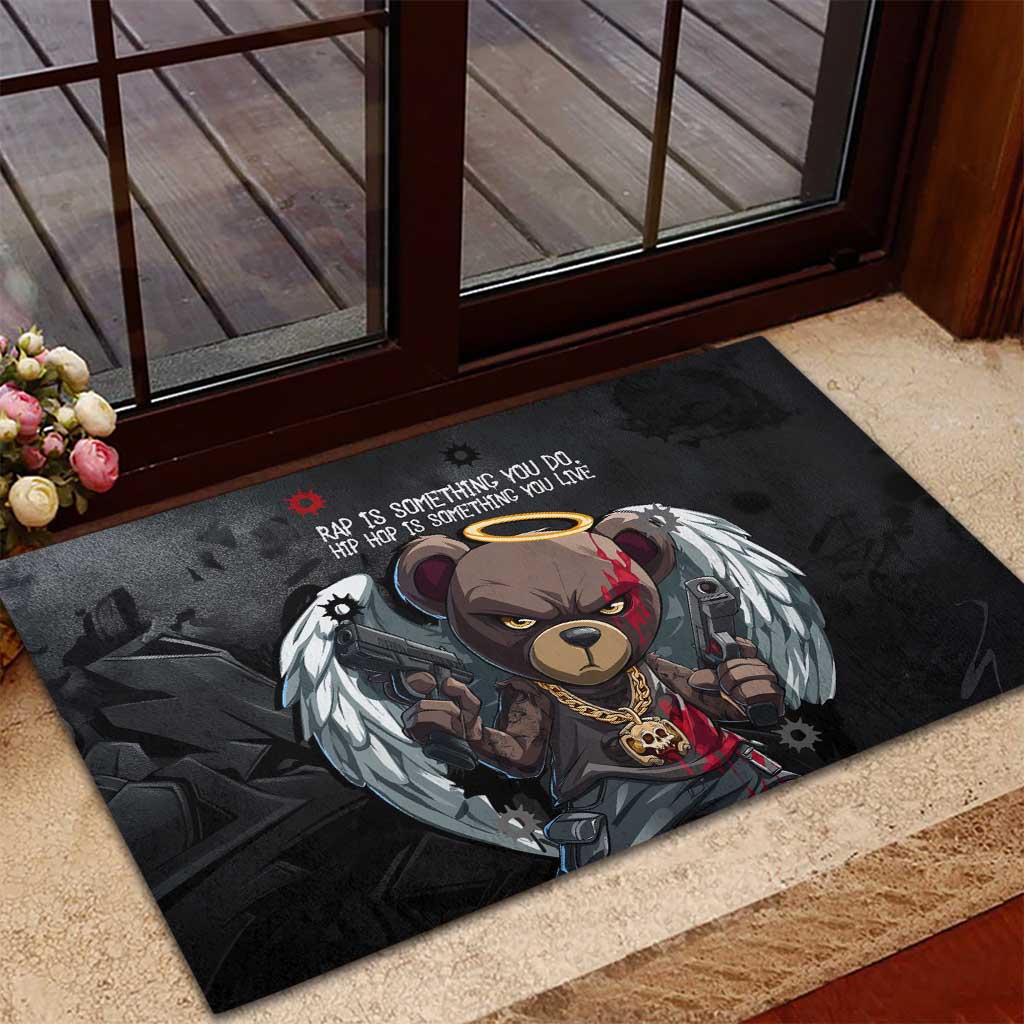 Hip Hop Streetwear Rubber Doormat with Graffiti Boombox and Angel Bear Graphic in Urban Bullet Hole Design - Wonder Print Shop