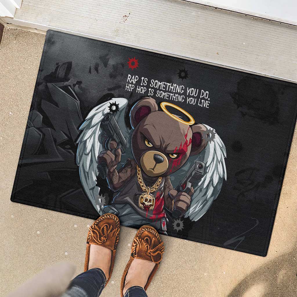 Hip Hop Streetwear Rubber Doormat with Graffiti Boombox and Angel Bear Graphic in Urban Bullet Hole Design - Wonder Print Shop
