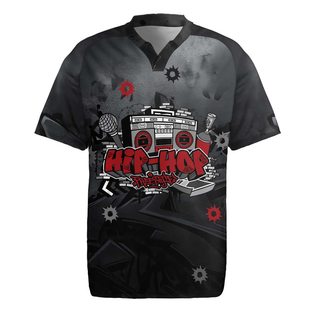 Hip Hop Streetwear Rugby Jersey with Graffiti Boombox and Angel Bear Graphic in Urban Bullet Hole Design - Wonder Print Shop