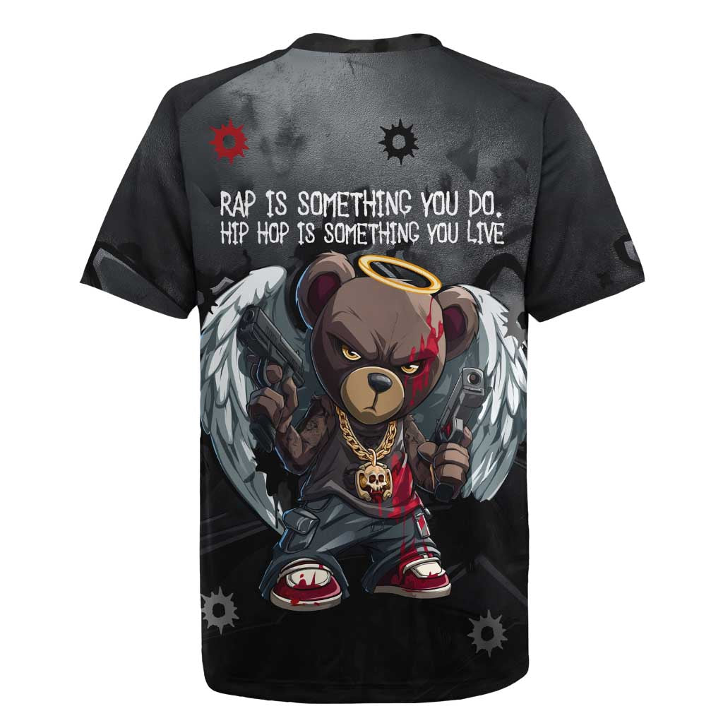 Hip Hop Streetwear Rugby Jersey with Graffiti Boombox and Angel Bear Graphic in Urban Bullet Hole Design - Wonder Print Shop