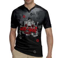 Hip Hop Streetwear Rugby Jersey with Graffiti Boombox and Angel Bear Graphic in Urban Bullet Hole Design - Wonder Print Shop
