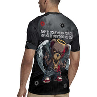 Hip Hop Streetwear Rugby Jersey with Graffiti Boombox and Angel Bear Graphic in Urban Bullet Hole Design - Wonder Print Shop