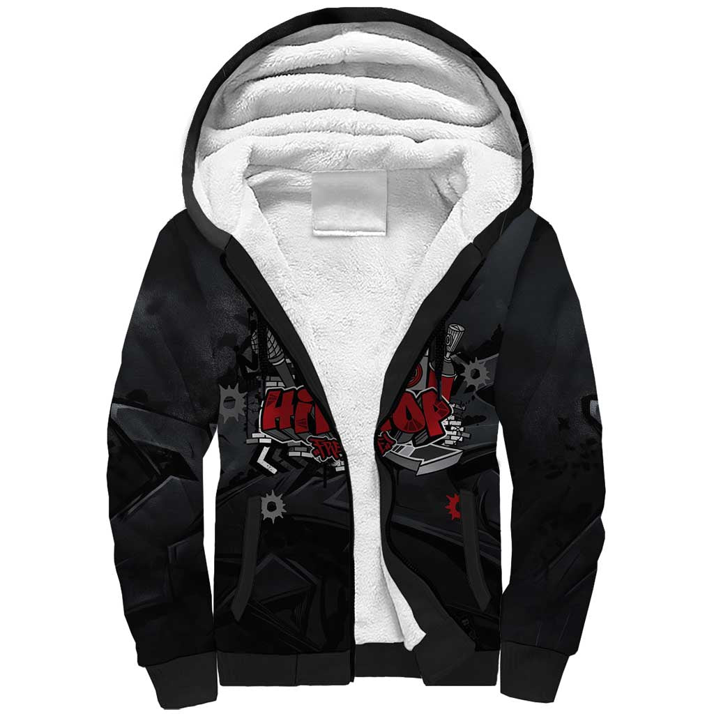 Hip Hop Streetwear Sherpa Hoodie with Graffiti Boombox and Angel Bear Graphic in Urban Bullet Hole Design - Wonder Print Shop