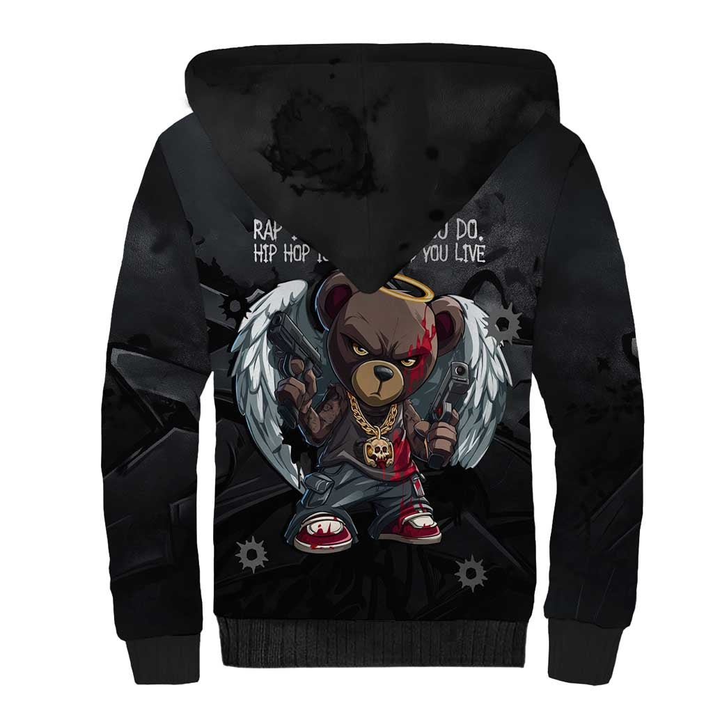Hip Hop Streetwear Sherpa Hoodie with Graffiti Boombox and Angel Bear Graphic in Urban Bullet Hole Design - Wonder Print Shop