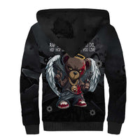 Hip Hop Streetwear Sherpa Hoodie with Graffiti Boombox and Angel Bear Graphic in Urban Bullet Hole Design - Wonder Print Shop