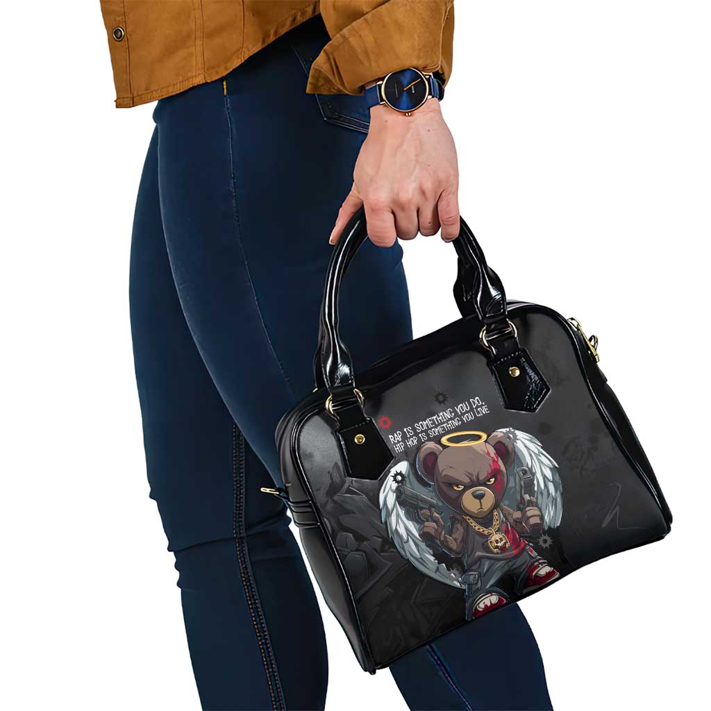 Hip Hop Streetwear Shoulder Handbag with Graffiti Boombox and Angel Bear Graphic in Urban Bullet Hole Design - Wonder Print Shop