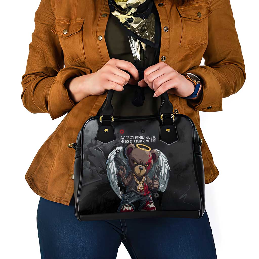 Hip Hop Streetwear Shoulder Handbag with Graffiti Boombox and Angel Bear Graphic in Urban Bullet Hole Design - Wonder Print Shop