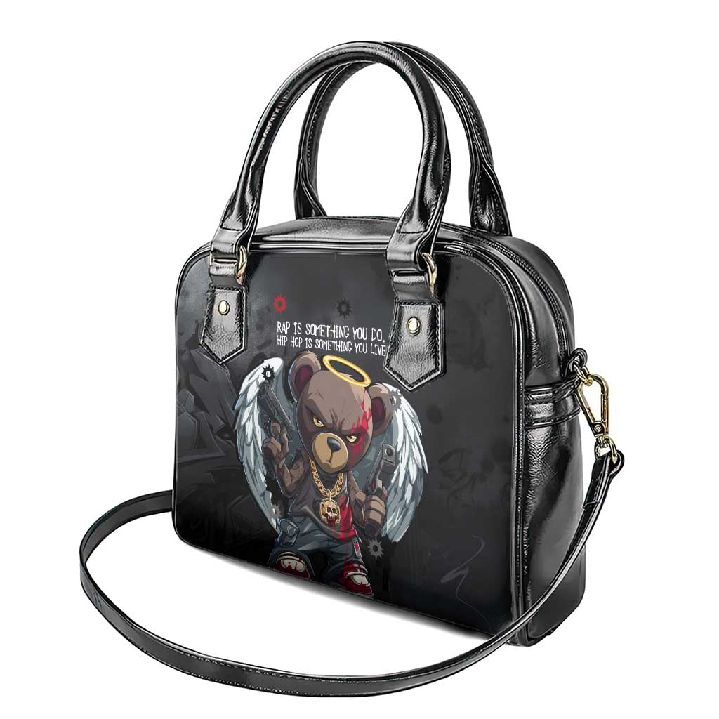 Hip Hop Streetwear Shoulder Handbag with Graffiti Boombox and Angel Bear Graphic in Urban Bullet Hole Design - Wonder Print Shop