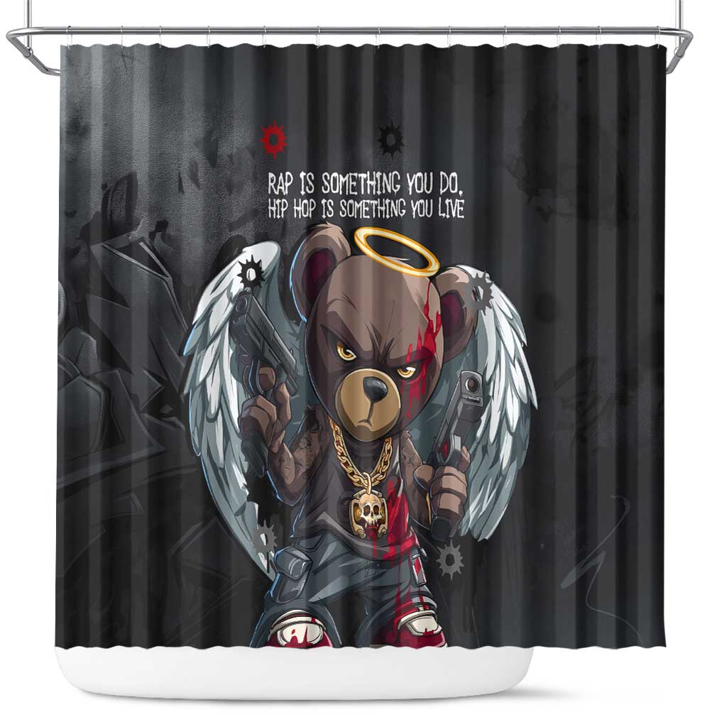 Hip Hop Streetwear Shower Curtain with Graffiti Boombox and Angel Bear Graphic in Urban Bullet Hole Design - Wonder Print Shop