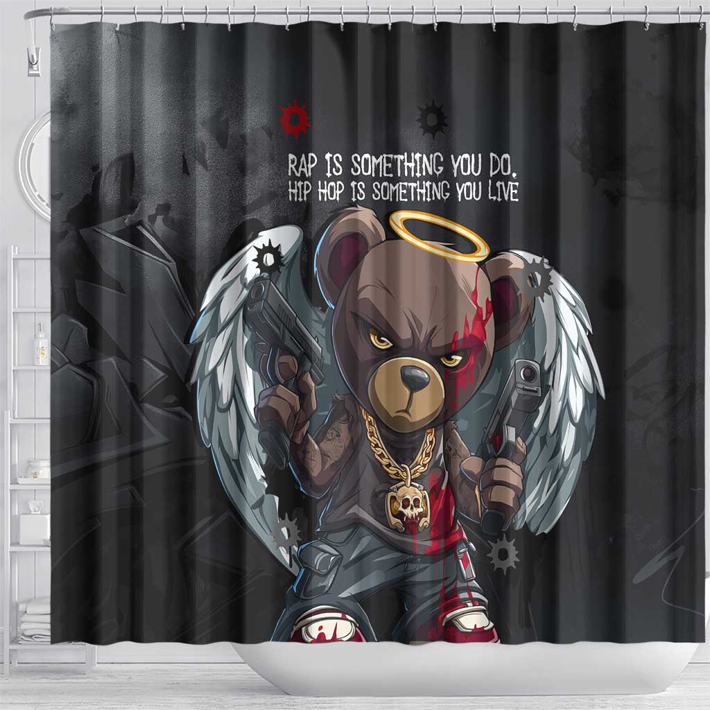 Hip Hop Streetwear Shower Curtain with Graffiti Boombox and Angel Bear Graphic in Urban Bullet Hole Design - Wonder Print Shop