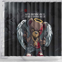 Hip Hop Streetwear Shower Curtain with Graffiti Boombox and Angel Bear Graphic in Urban Bullet Hole Design - Wonder Print Shop