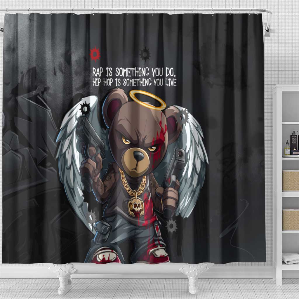 Hip Hop Streetwear Shower Curtain with Graffiti Boombox and Angel Bear Graphic in Urban Bullet Hole Design - Wonder Print Shop