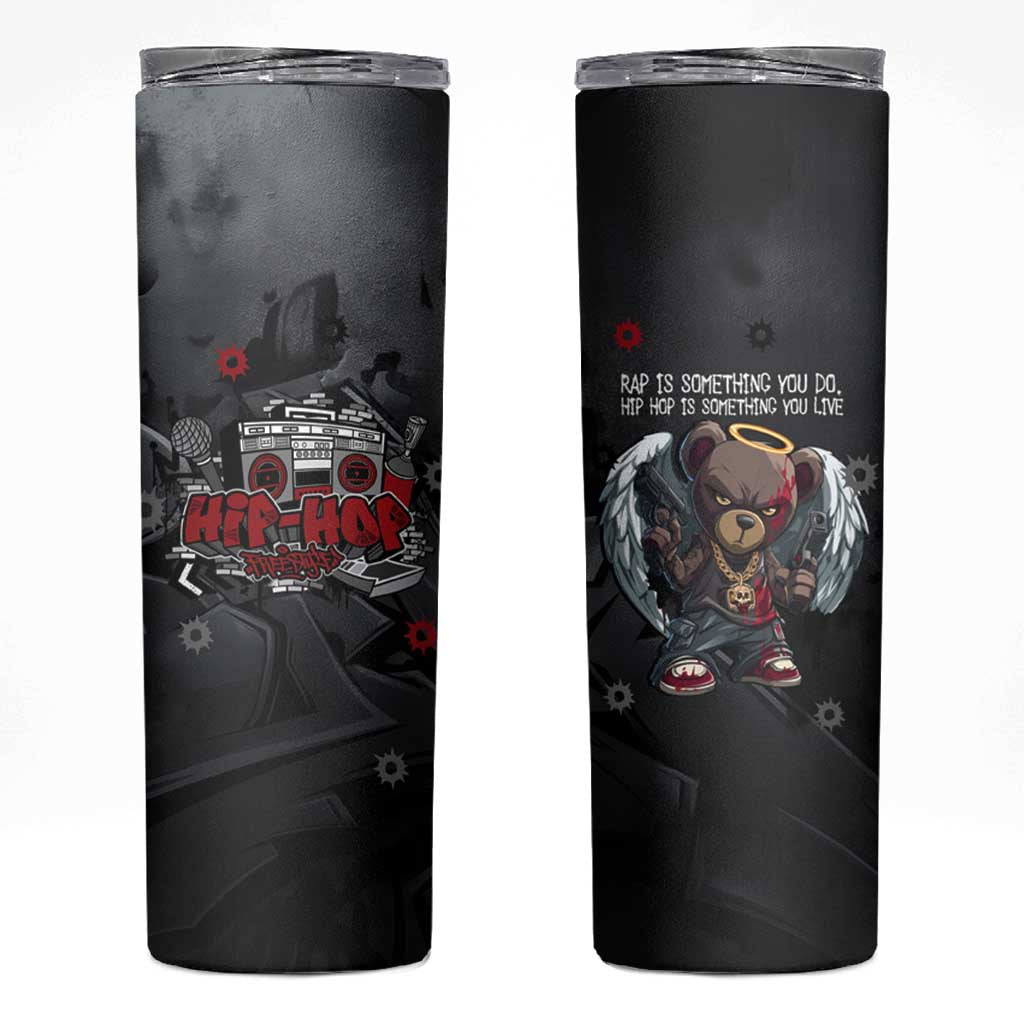 Hip Hop Streetwear Skinny Tumbler with Graffiti Boombox and Angel Bear Graphic in Urban Bullet Hole Design - Wonder Print Shop