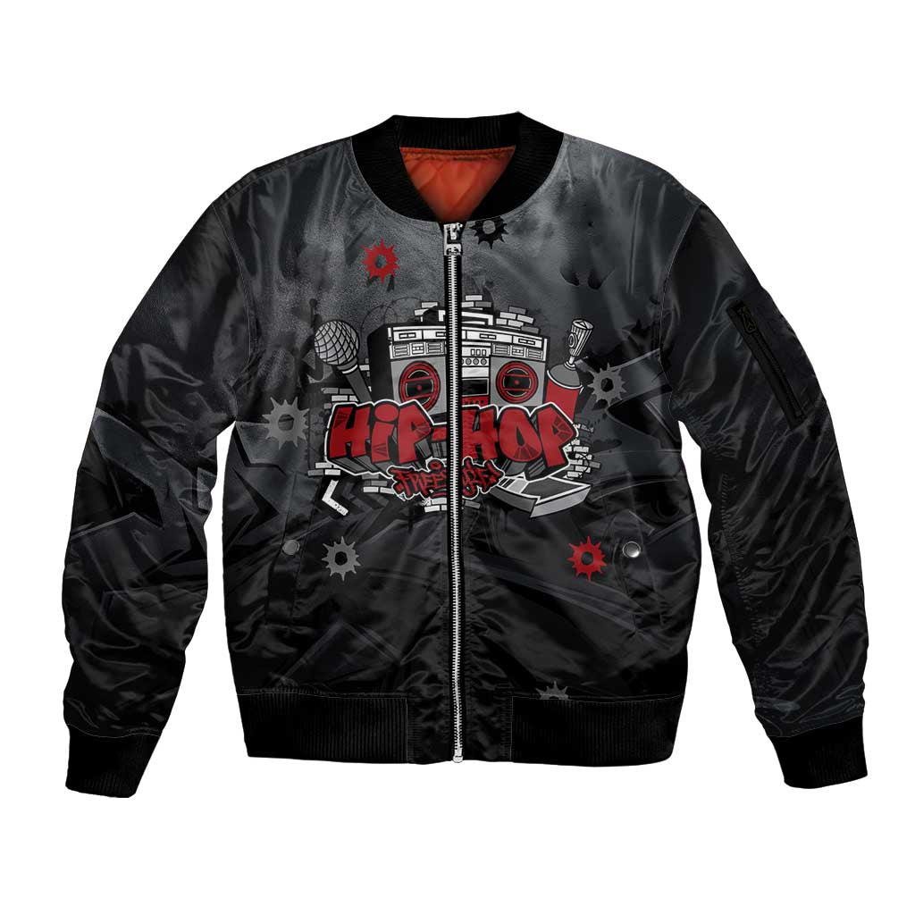 Hip Hop Streetwear Sleeve Zip Bomber Jacket with Graffiti Boombox and Angel Bear Graphic in Urban Bullet Hole Design - Wonder Print Shop
