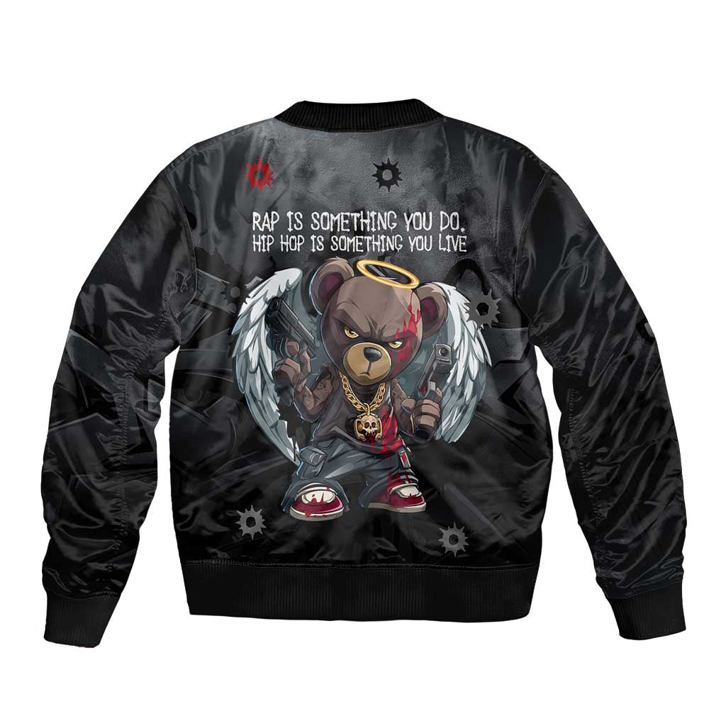Hip Hop Streetwear Sleeve Zip Bomber Jacket with Graffiti Boombox and Angel Bear Graphic in Urban Bullet Hole Design - Wonder Print Shop