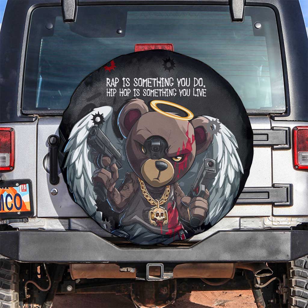 Hip Hop Streetwear Spare Tire Cover with Graffiti Boombox and Angel Bear Graphic in Urban Bullet Hole Design - Wonder Print Shop