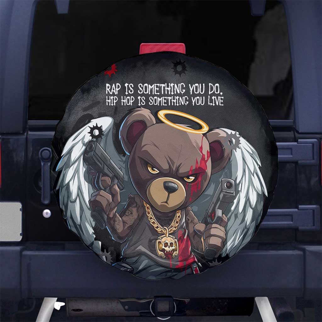 Hip Hop Streetwear Spare Tire Cover with Graffiti Boombox and Angel Bear Graphic in Urban Bullet Hole Design - Wonder Print Shop