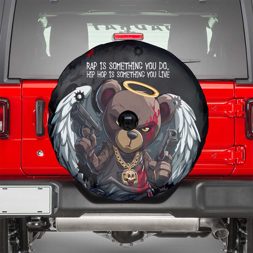 Hip Hop Streetwear Spare Tire Cover with Graffiti Boombox and Angel Bear Graphic in Urban Bullet Hole Design - Wonder Print Shop
