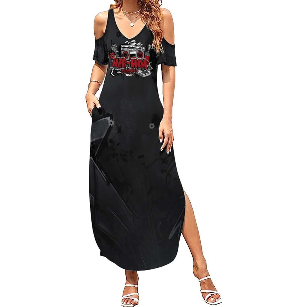 Hip Hop Streetwear Summer Maxi Dress with Graffiti Boombox and Angel Bear Graphic in Urban Bullet Hole Design - Wonder Print Shop