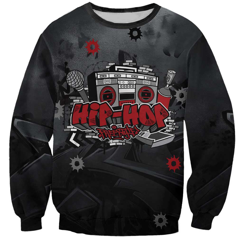Hip Hop Streetwear Sweatshirt with Graffiti Boombox and Angel Bear Graphic in Urban Bullet Hole Design - Wonder Print Shop