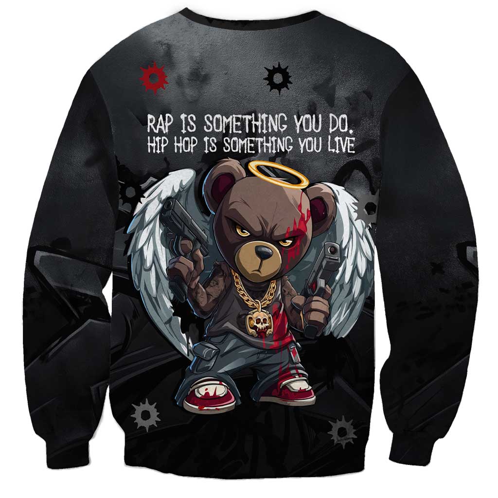 Hip Hop Streetwear Sweatshirt with Graffiti Boombox and Angel Bear Graphic in Urban Bullet Hole Design - Wonder Print Shop