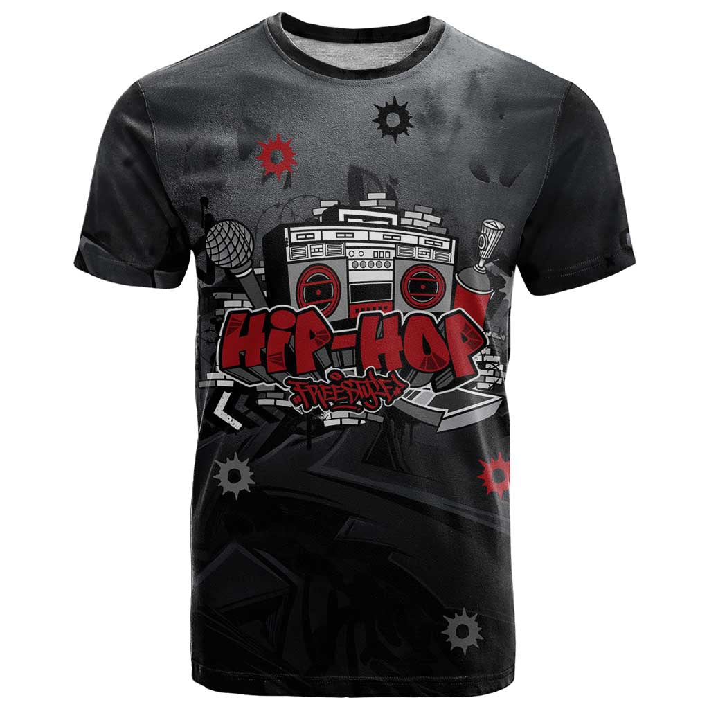 Hip Hop Streetwear T Shirt with Graffiti Boombox and Angel Bear Graphic in Urban Bullet Hole Design - Wonder Print Shop