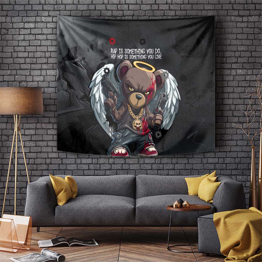 Hip Hop Streetwear Tapestry with Graffiti Boombox and Angel Bear Graphic in Urban Bullet Hole Design - Wonder Print Shop