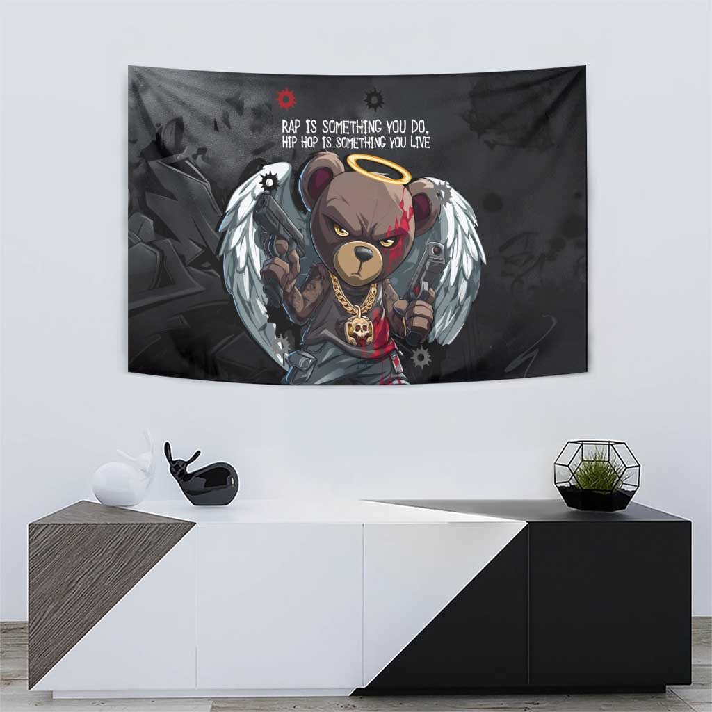 Hip Hop Streetwear Tapestry with Graffiti Boombox and Angel Bear Graphic in Urban Bullet Hole Design - Wonder Print Shop