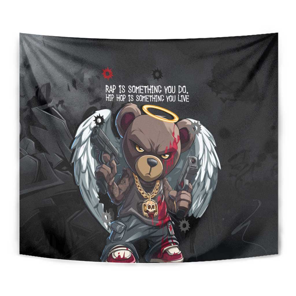 Hip Hop Streetwear Tapestry with Graffiti Boombox and Angel Bear Graphic in Urban Bullet Hole Design - Wonder Print Shop