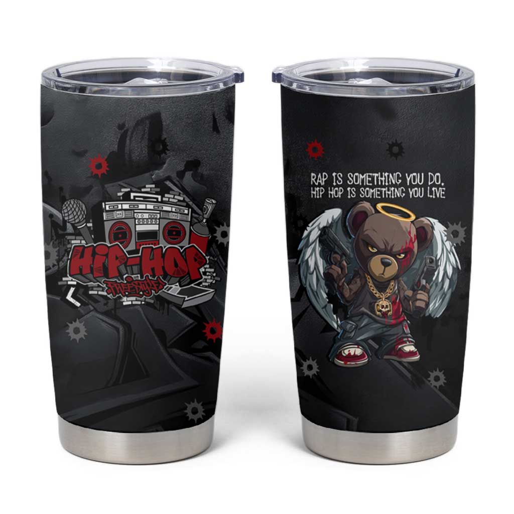 Hip Hop Streetwear Tumbler Cup with Graffiti Boombox and Angel Bear Graphic in Urban Bullet Hole Design - Wonder Print Shop