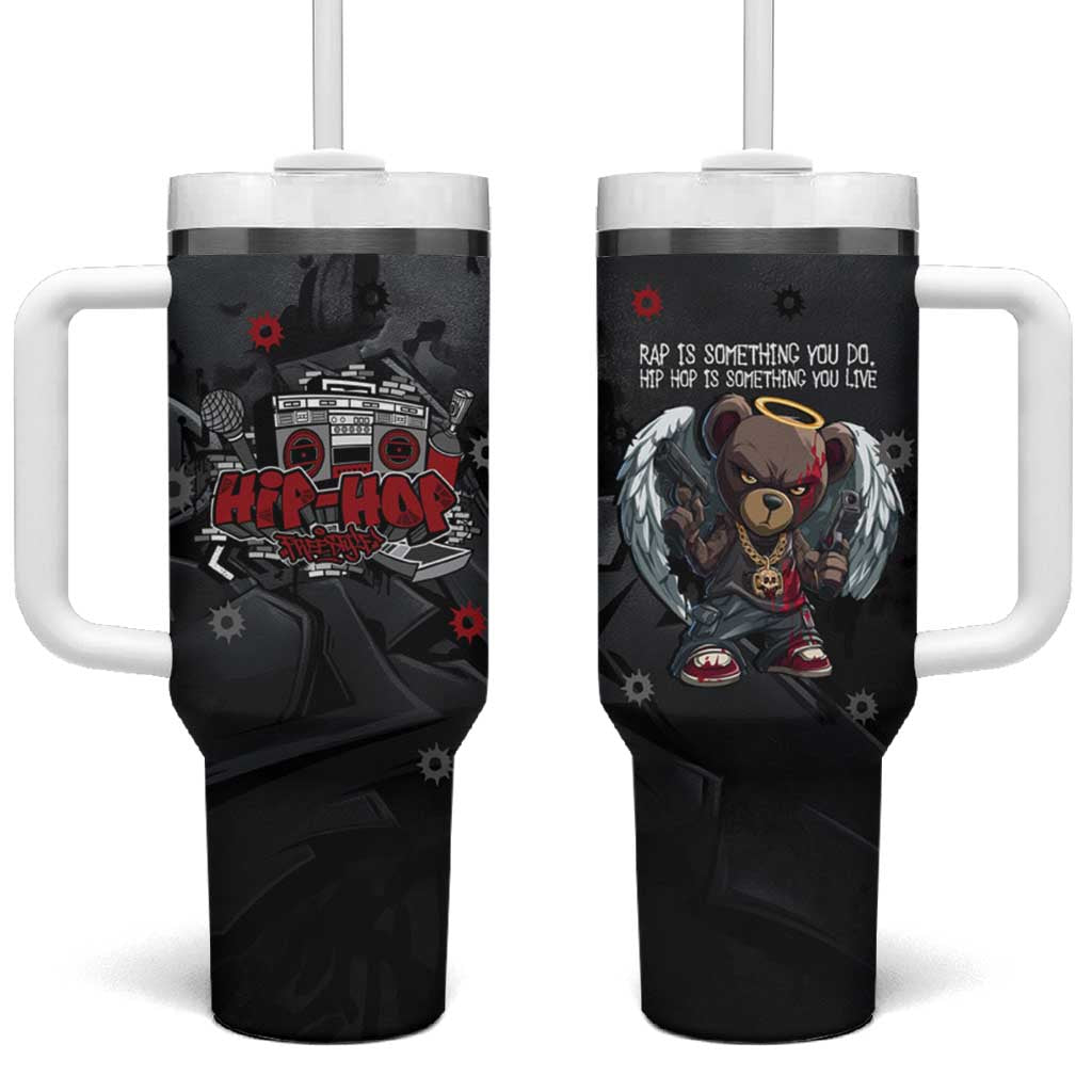 Hip Hop Streetwear Tumbler With Handle with Graffiti Boombox and Angel Bear Graphic in Urban Bullet Hole Design - Wonder Print Shop