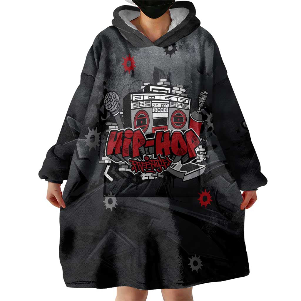 Hip Hop Streetwear Wearable Blanket Hoodie with Graffiti Boombox and Angel Bear Graphic in Urban Bullet Hole Design - Wonder Print Shop