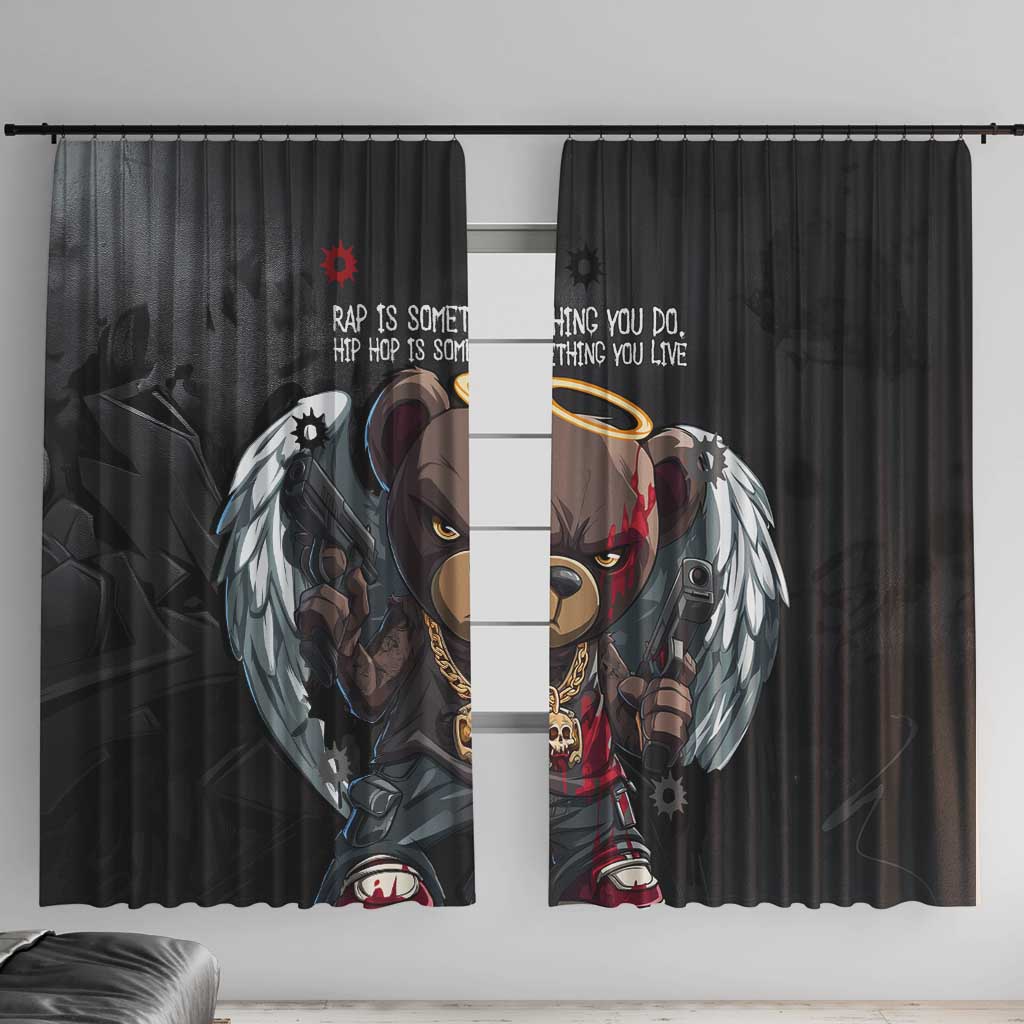 Hip Hop Streetwear Window Curtain with Graffiti Boombox and Angel Bear Graphic in Urban Bullet Hole Design - Wonder Print Shop