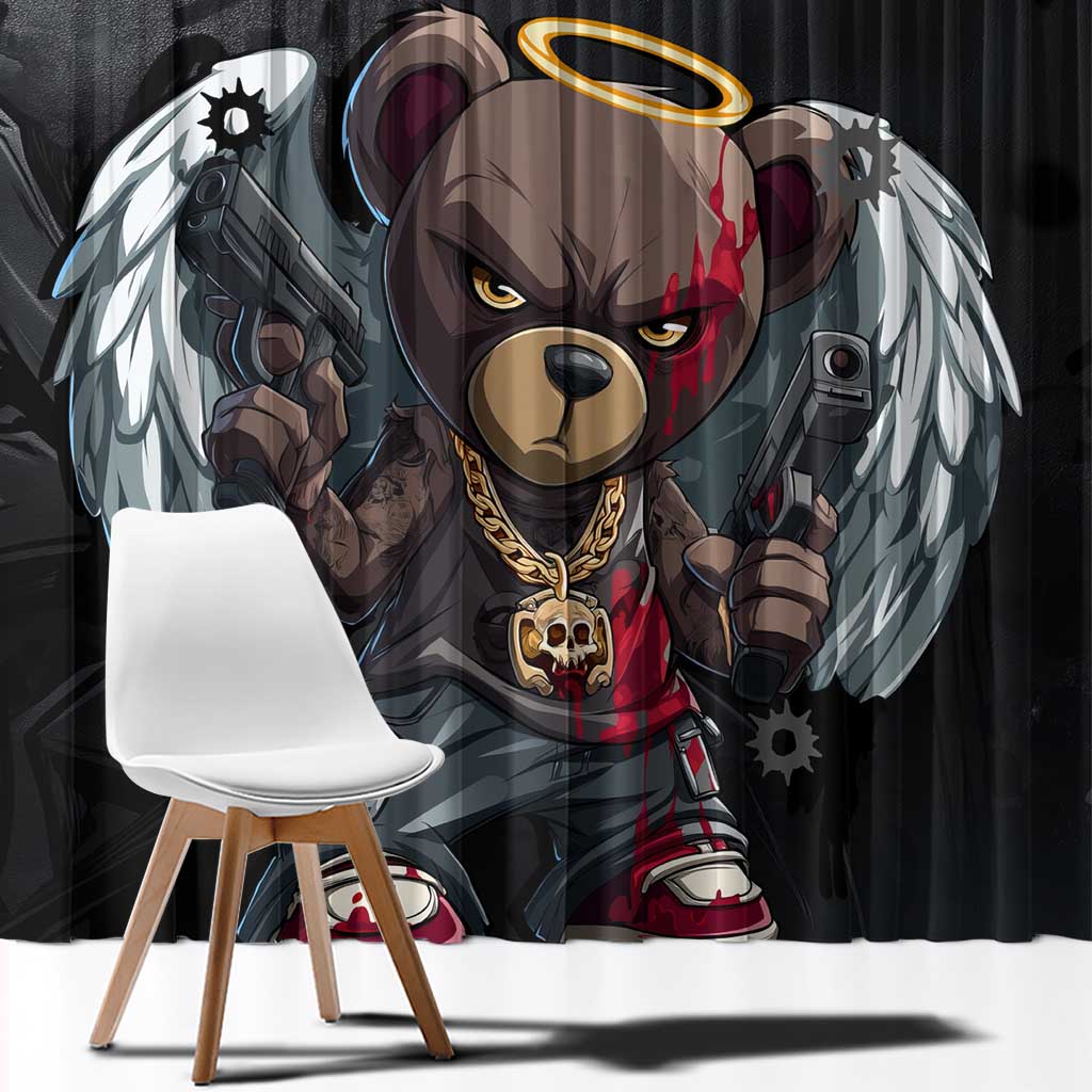 Hip Hop Streetwear Window Curtain with Graffiti Boombox and Angel Bear Graphic in Urban Bullet Hole Design - Wonder Print Shop