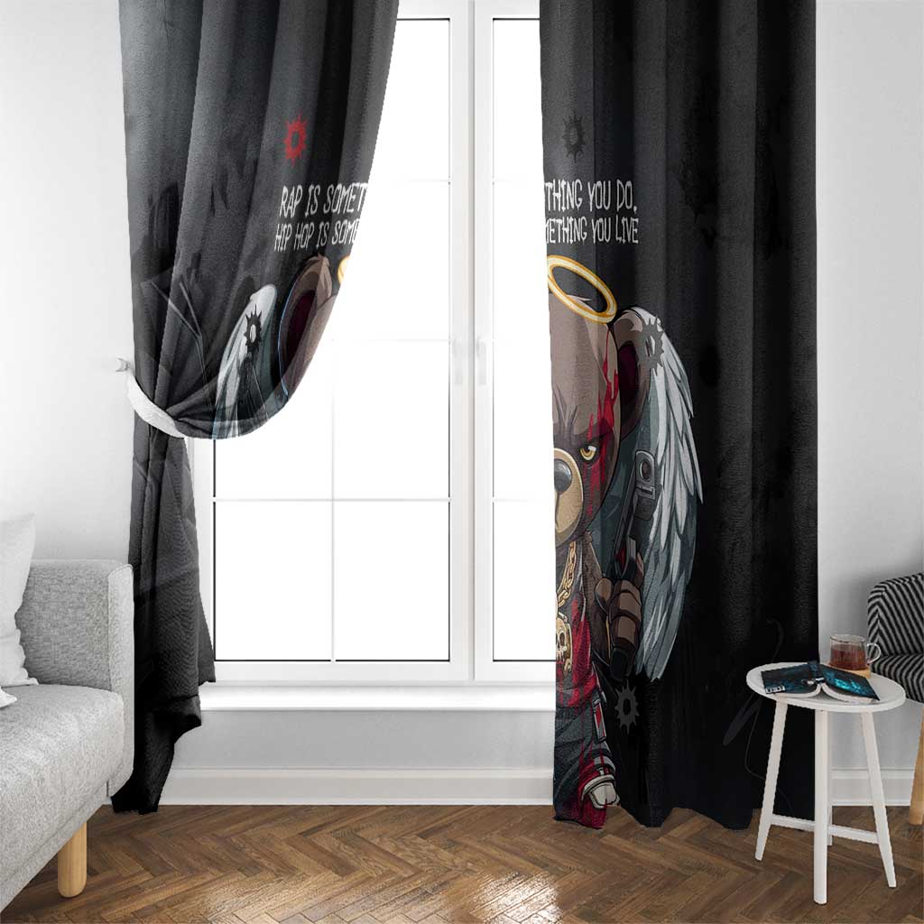 Hip Hop Streetwear Window Curtain with Graffiti Boombox and Angel Bear Graphic in Urban Bullet Hole Design - Wonder Print Shop