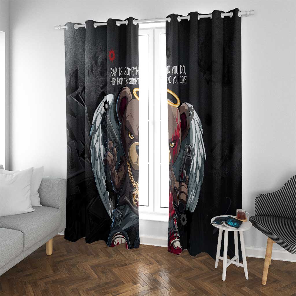 Hip Hop Streetwear Window Curtain with Graffiti Boombox and Angel Bear Graphic in Urban Bullet Hole Design - Wonder Print Shop