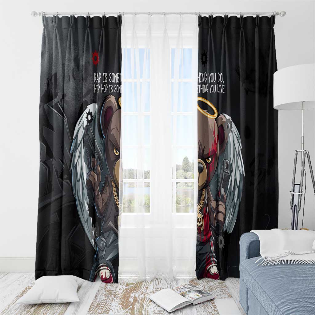 Hip Hop Streetwear Window Curtain with Graffiti Boombox and Angel Bear Graphic in Urban Bullet Hole Design - Wonder Print Shop