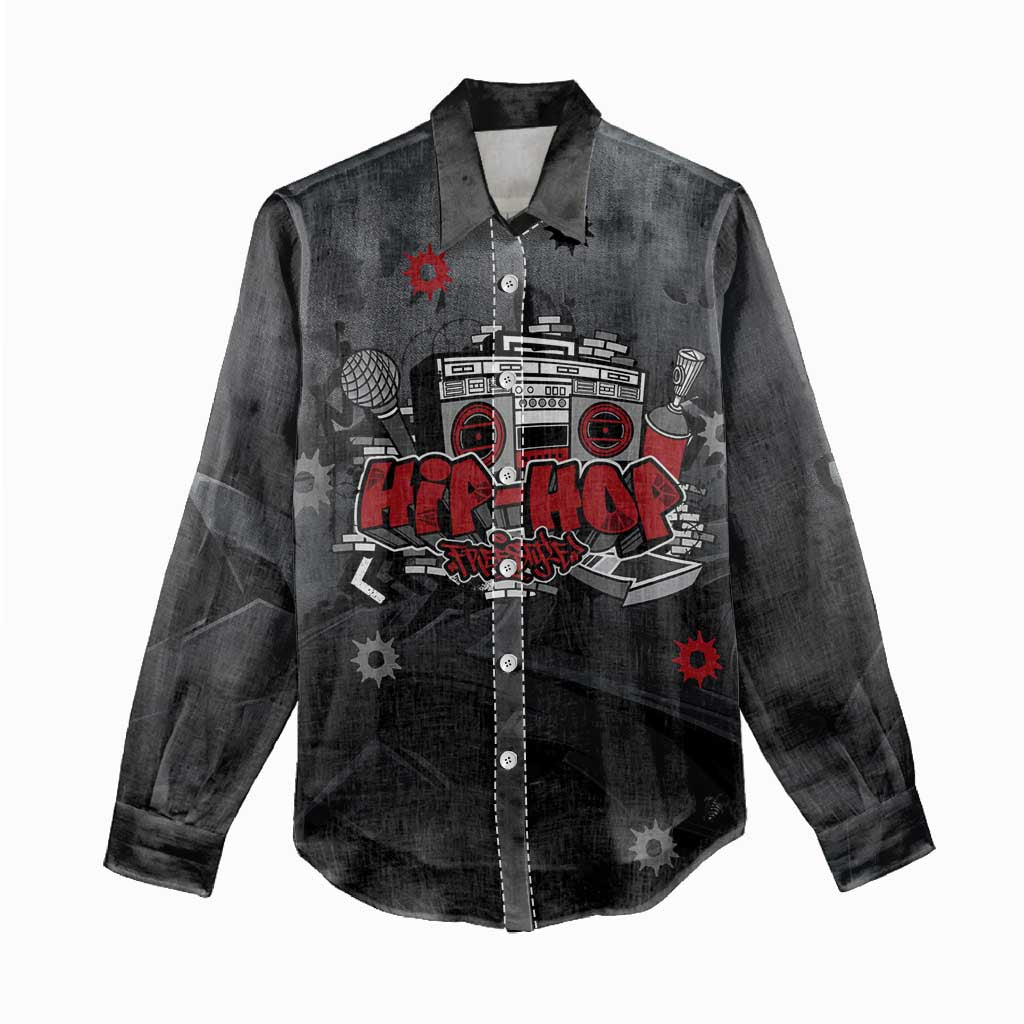 Hip Hop Streetwear Women Casual Shirt with Graffiti Boombox and Angel Bear Graphic in Urban Bullet Hole Design - Wonder Print Shop